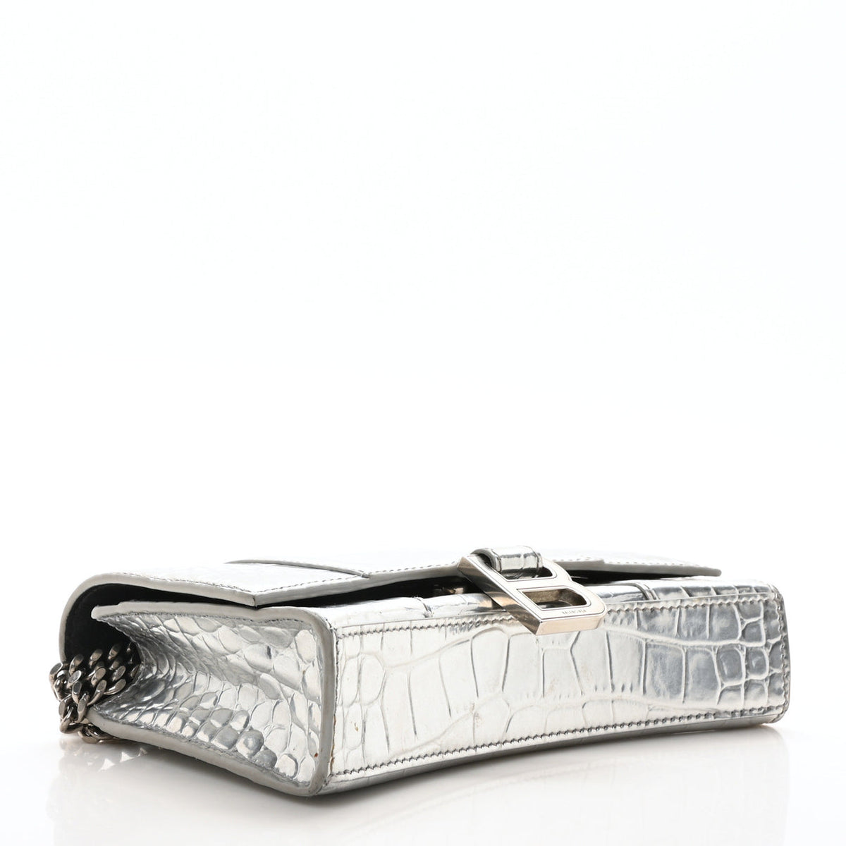 Metallic Calfskin Crocodile Embossed Hourglass Chain Bag Silver
