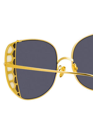 Linda Farrow Amelia Sunglasses in Yellow Gold detail shot