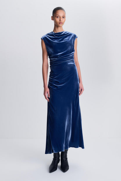SIMKHAI Burke Draped Velvet Midi Dress in Sapphire