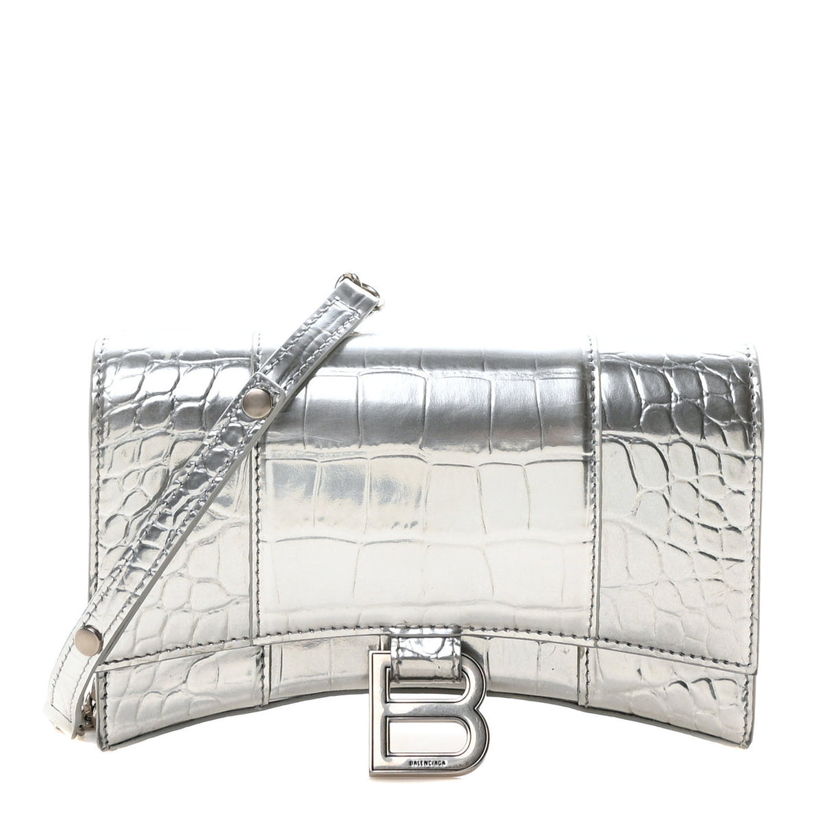 Metallic Calfskin Crocodile Embossed Hourglass Chain Bag Silver
