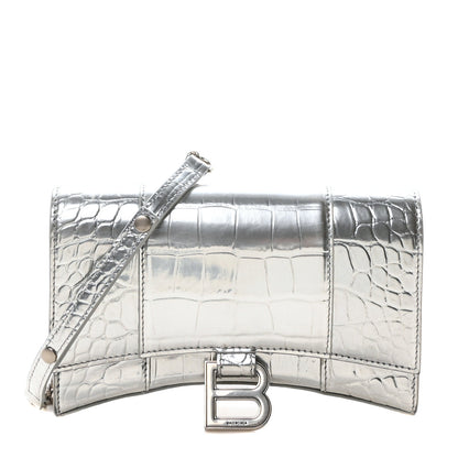 Metallic Calfskin Crocodile Embossed Hourglass Chain Bag Silver