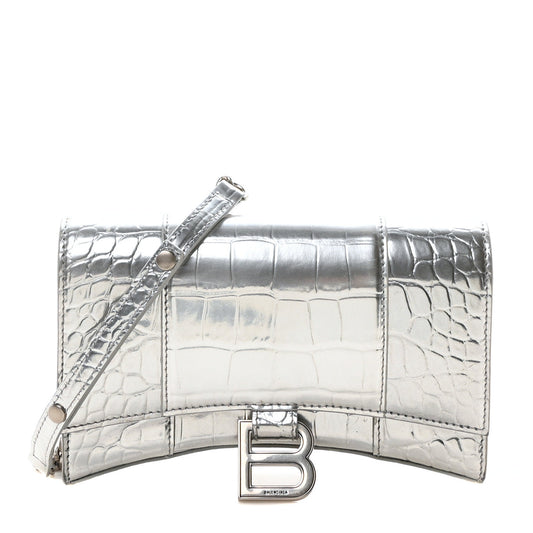 Metallic Calfskin Crocodile Embossed Hourglass Chain Bag Silver