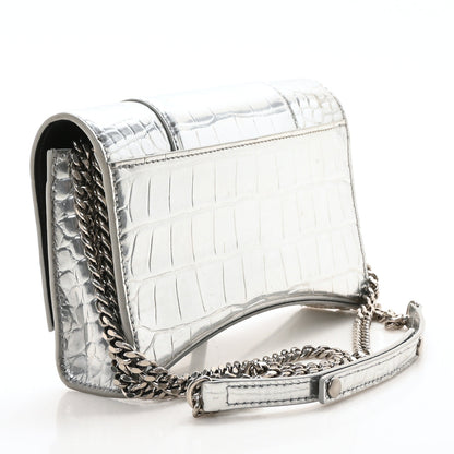 Metallic Calfskin Crocodile Embossed Hourglass Chain Bag Silver