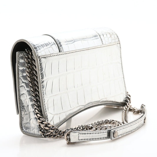 Metallic Calfskin Crocodile Embossed Hourglass Chain Bag Silver