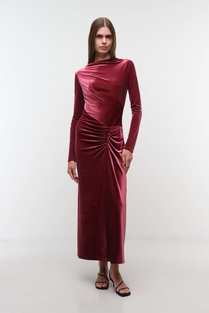 SIMKHAI Ferrera Draped Velvet Midi Dress in Lipstick