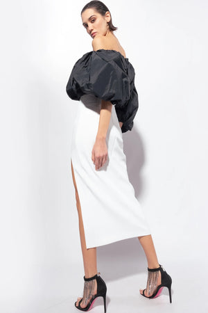 CALF-LENGTH DRESS WITH TAFFETA | BLACK AND WHITE